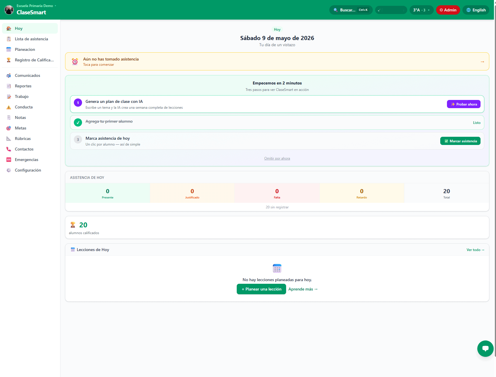 Dashboard de ClaseSmart - vista de Hoy con asistencia, lecciones y guía de inicio