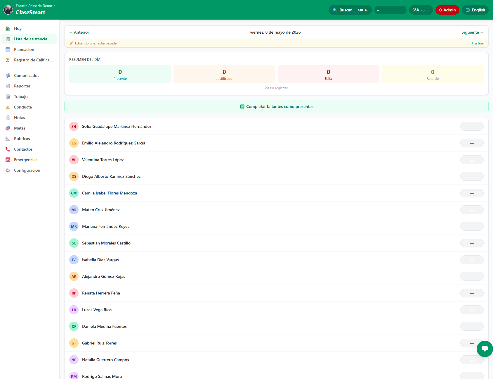 Pantalla de Lista de asistencia diaria de ClaseSmart con resumen del día