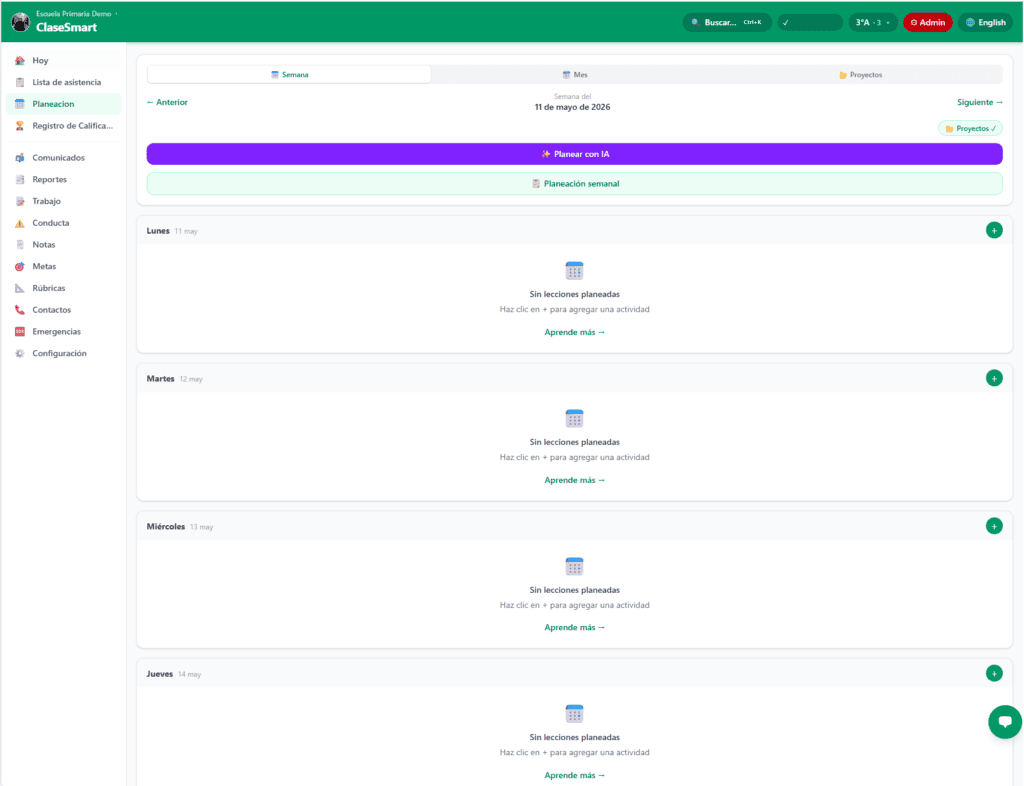 Vista semanal del Planeador de clases de ClaseSmart con botón Planear con IA