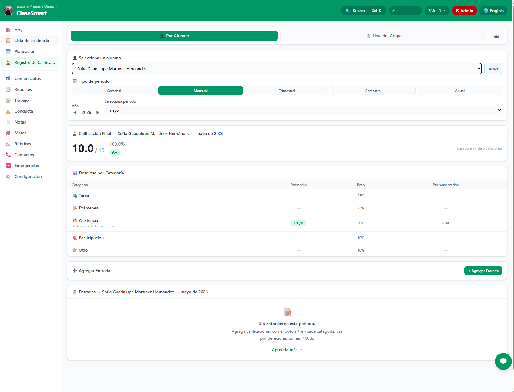 Cuaderno de calificaciones de ClaseSmart - vista por alumno con desglose por categoría