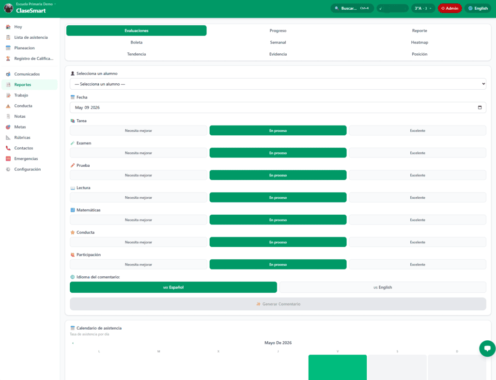 Generador de Reportes y boletas de ClaseSmart con pestañas de Evaluaciones y Boleta