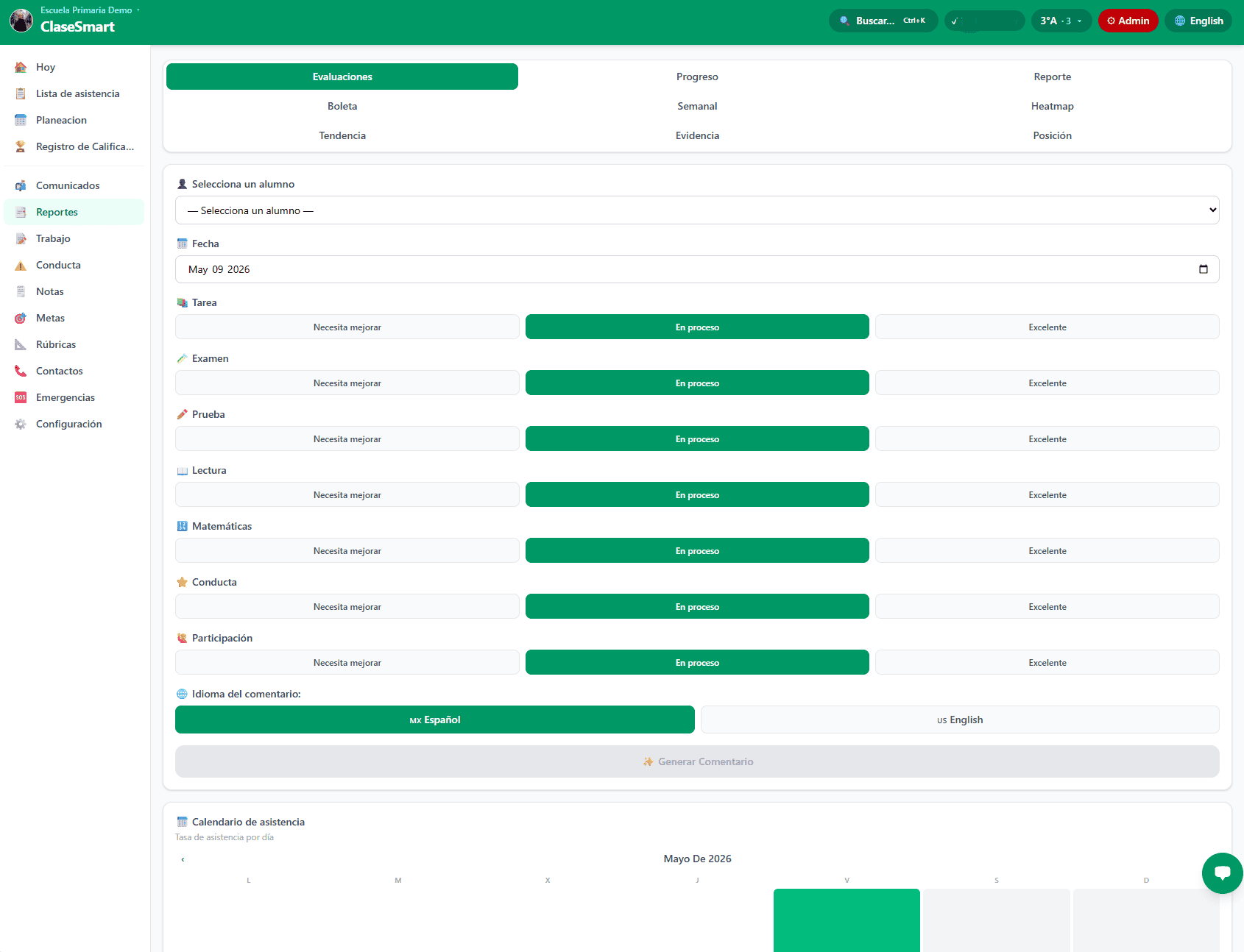 Generador de Reportes y boletas de ClaseSmart con pestañas de Evaluaciones y Boleta