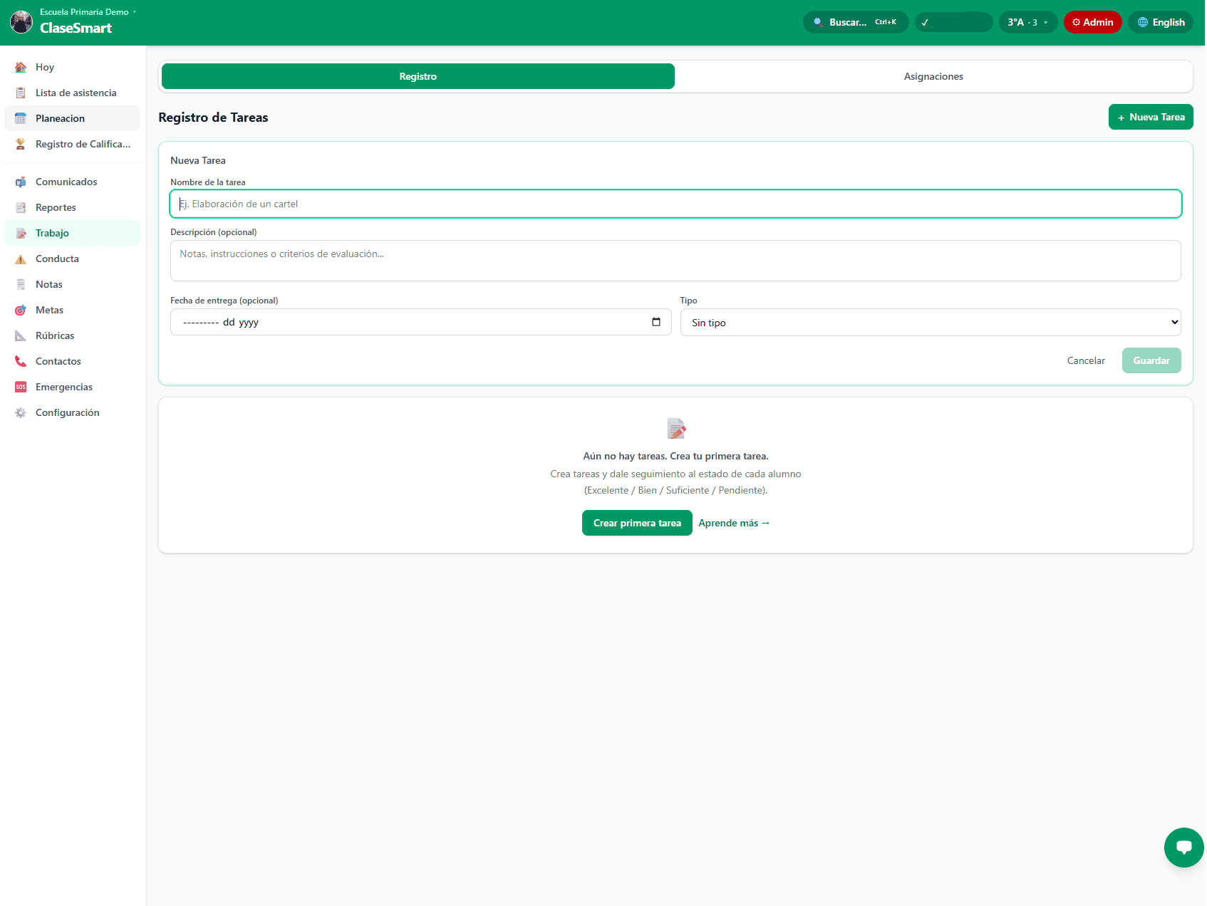 Registro de Tareas de ClaseSmart - formulario para crear nueva tarea