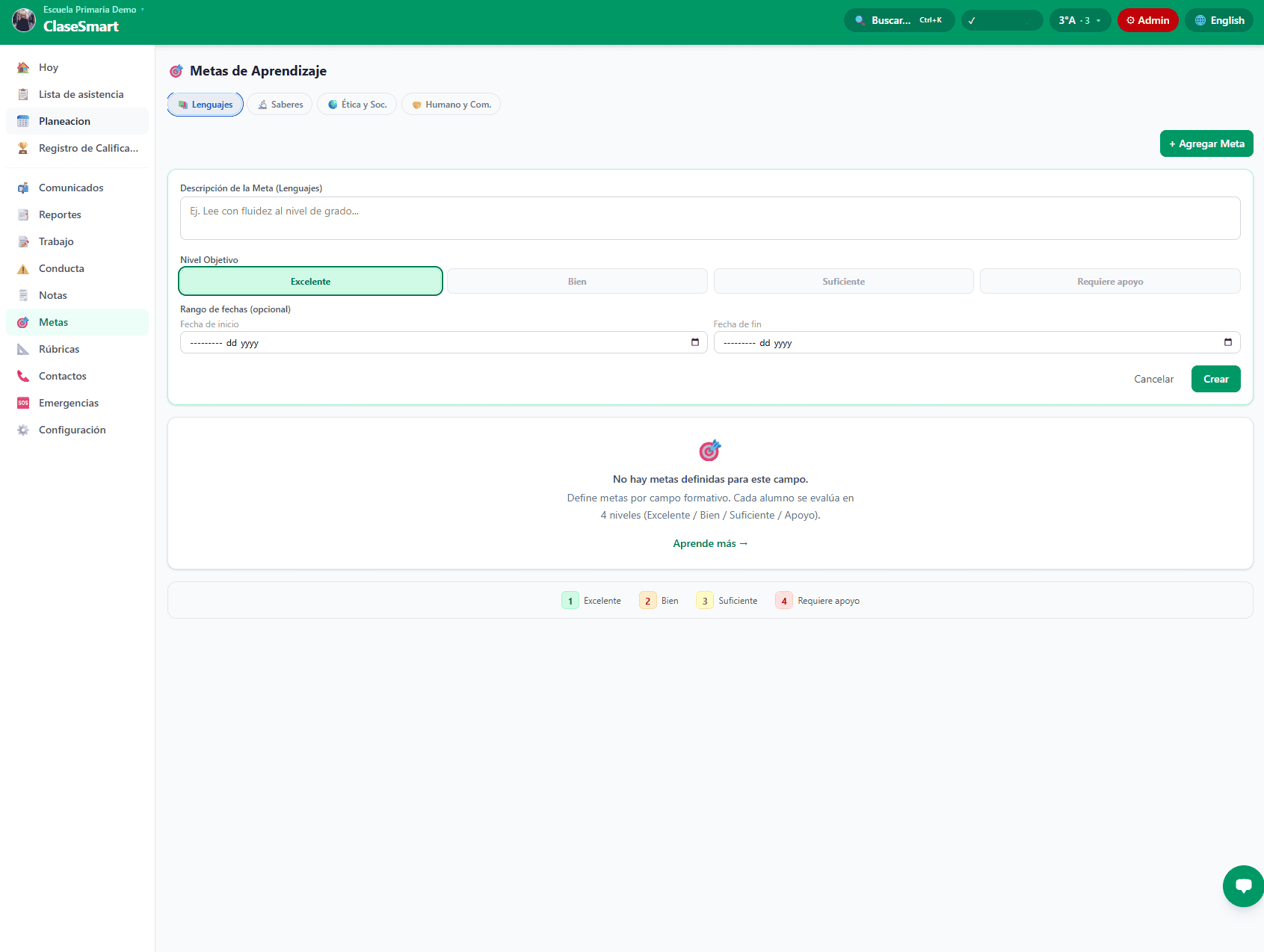 Metas de Aprendizaje de ClaseSmart por los 4 campos formativos NEM