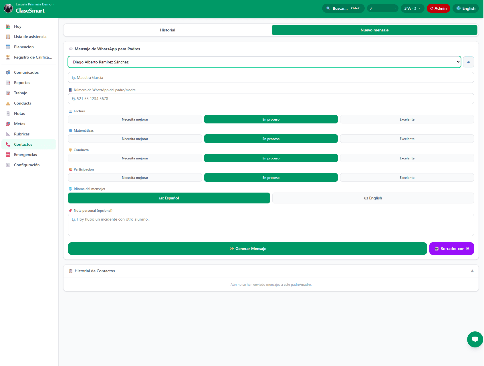 Mensaje de WhatsApp para Padres con asistente de IA en ClaseSmart