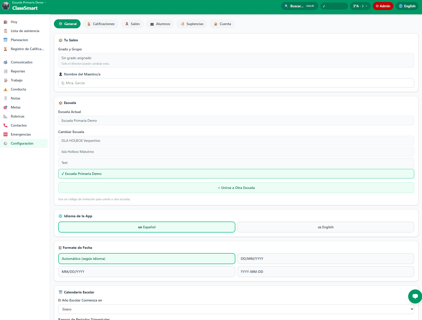 Pantalla de Configuración de ClaseSmart - ajustes generales del salón