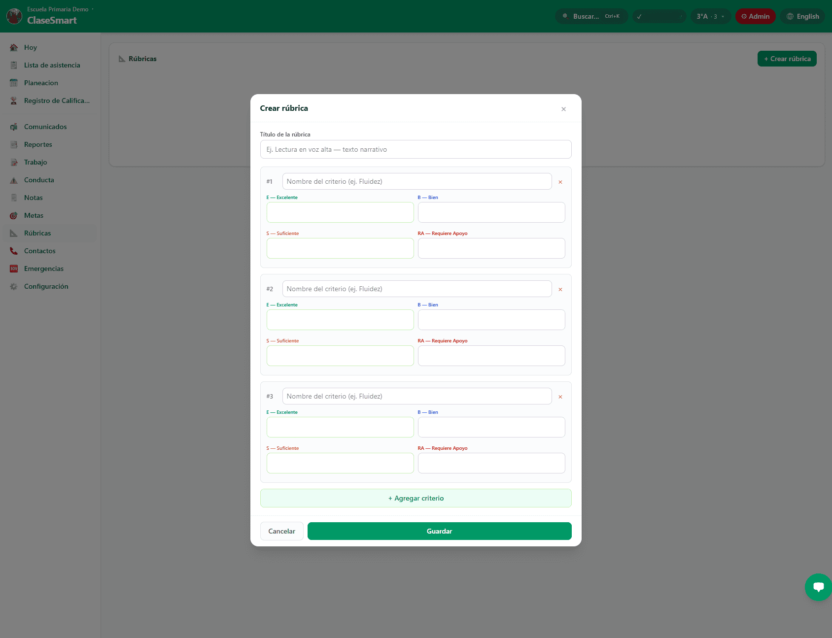 Rúbricas de evaluación NEM de ClaseSmart por niveles de desempeño