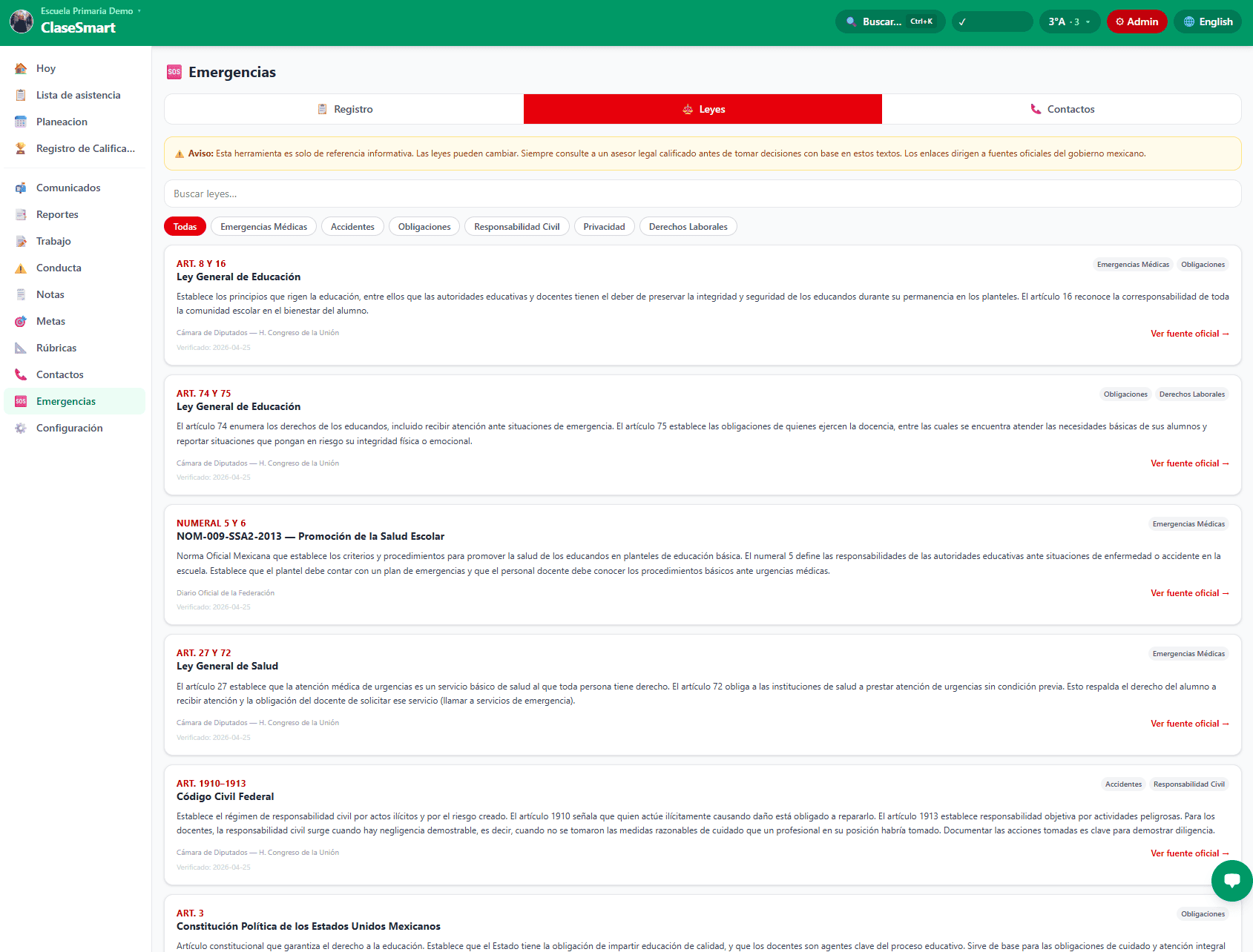 Lista de Emergencias y contactos de tutores en ClaseSmart