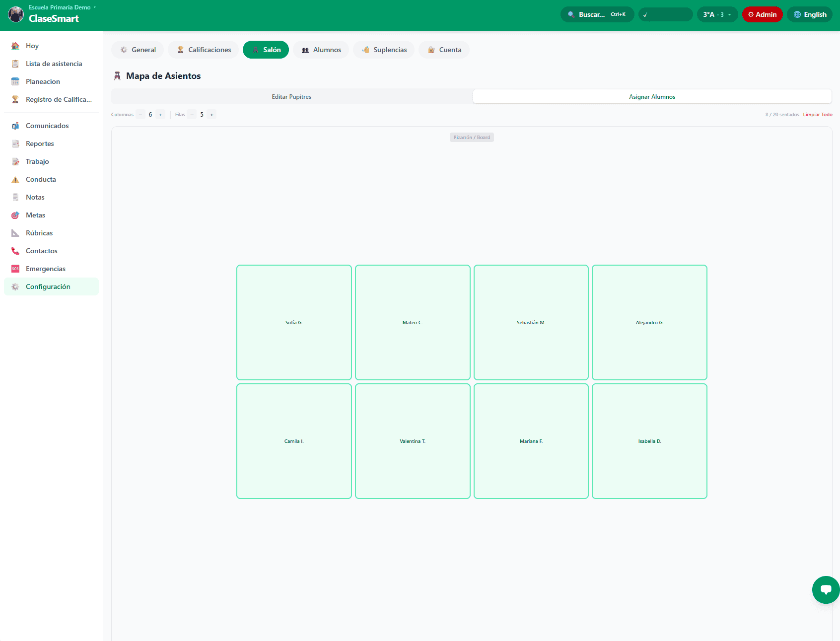 Configuración del Salón en ClaseSmart - grado, grupo y nivel educativo