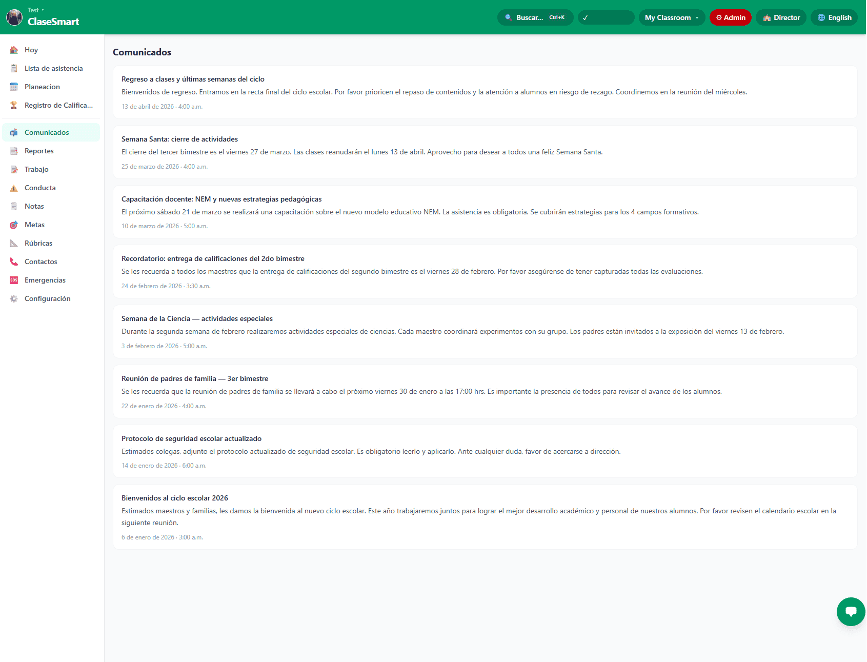 Pestaña de Comunicados en ClaseSmart con avisos de la dirección