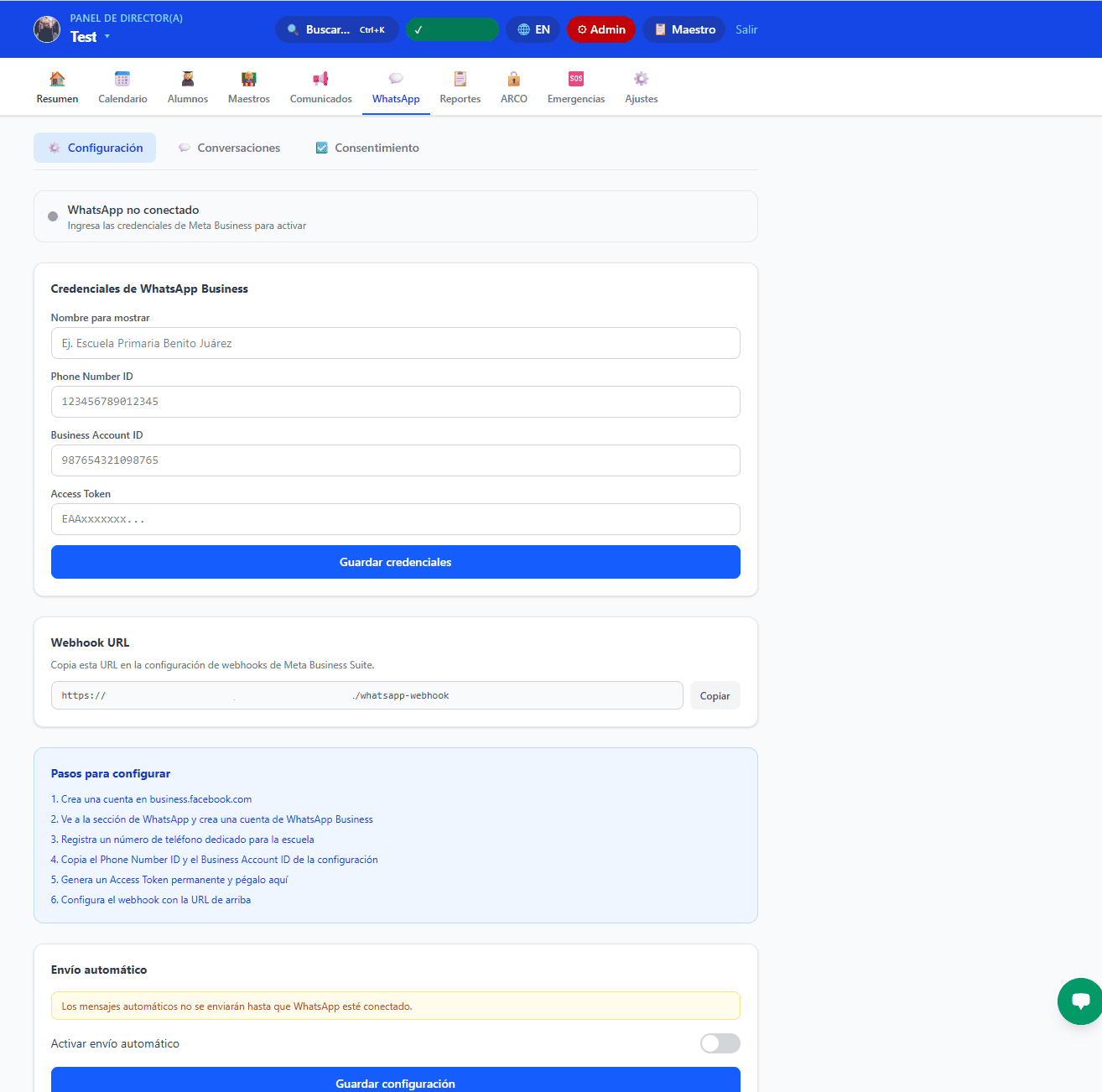 Configuración de WhatsApp Business para escuelas en ClaseSmart