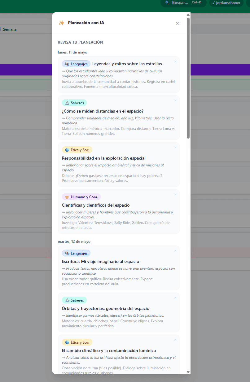Planificador con IA paso 3: aceptar o rechazar lecciones individualmente