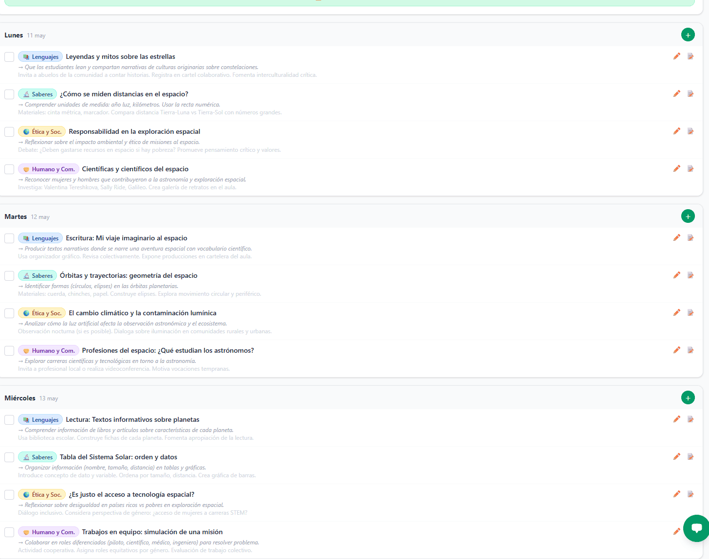 Planificador con IA paso 4: editar lecciones aceptadas a detalle
