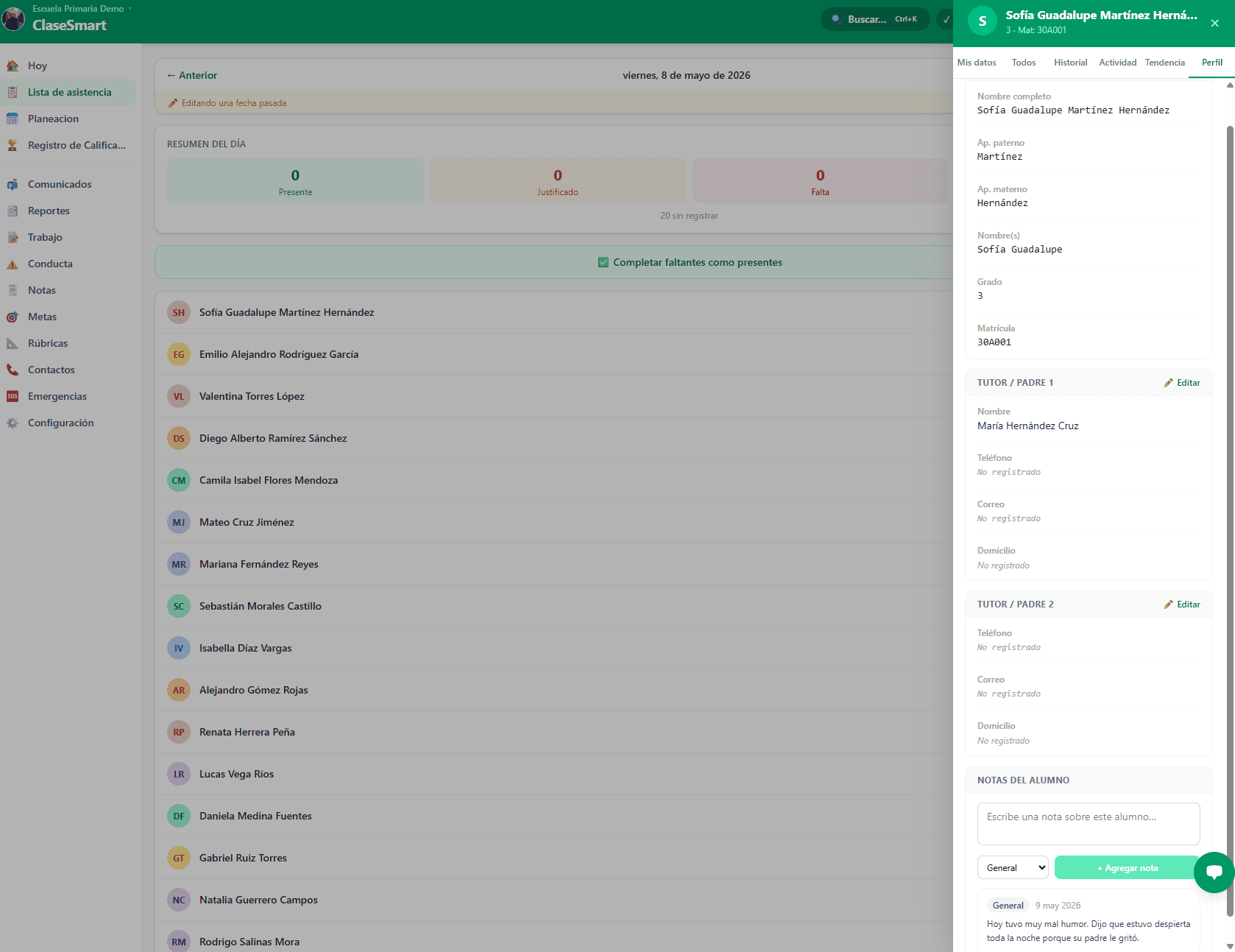 Perfil de alumno en ClaseSmart - vista general con datos básicos