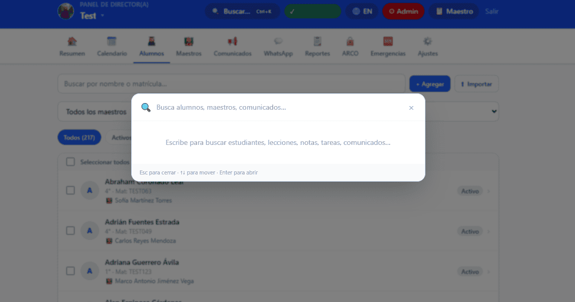 Búsqueda global Ctrl+K en ClaseSmart con resultados por tipo
