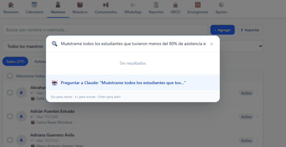 Búsqueda global con filtros por alumno, lección, tarea y conducta