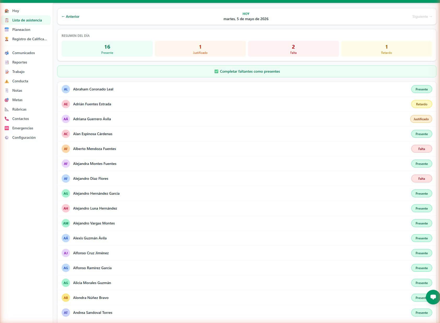 Lista de asistencia digital de ClaseSmart con presente, falta, retardo y justificado