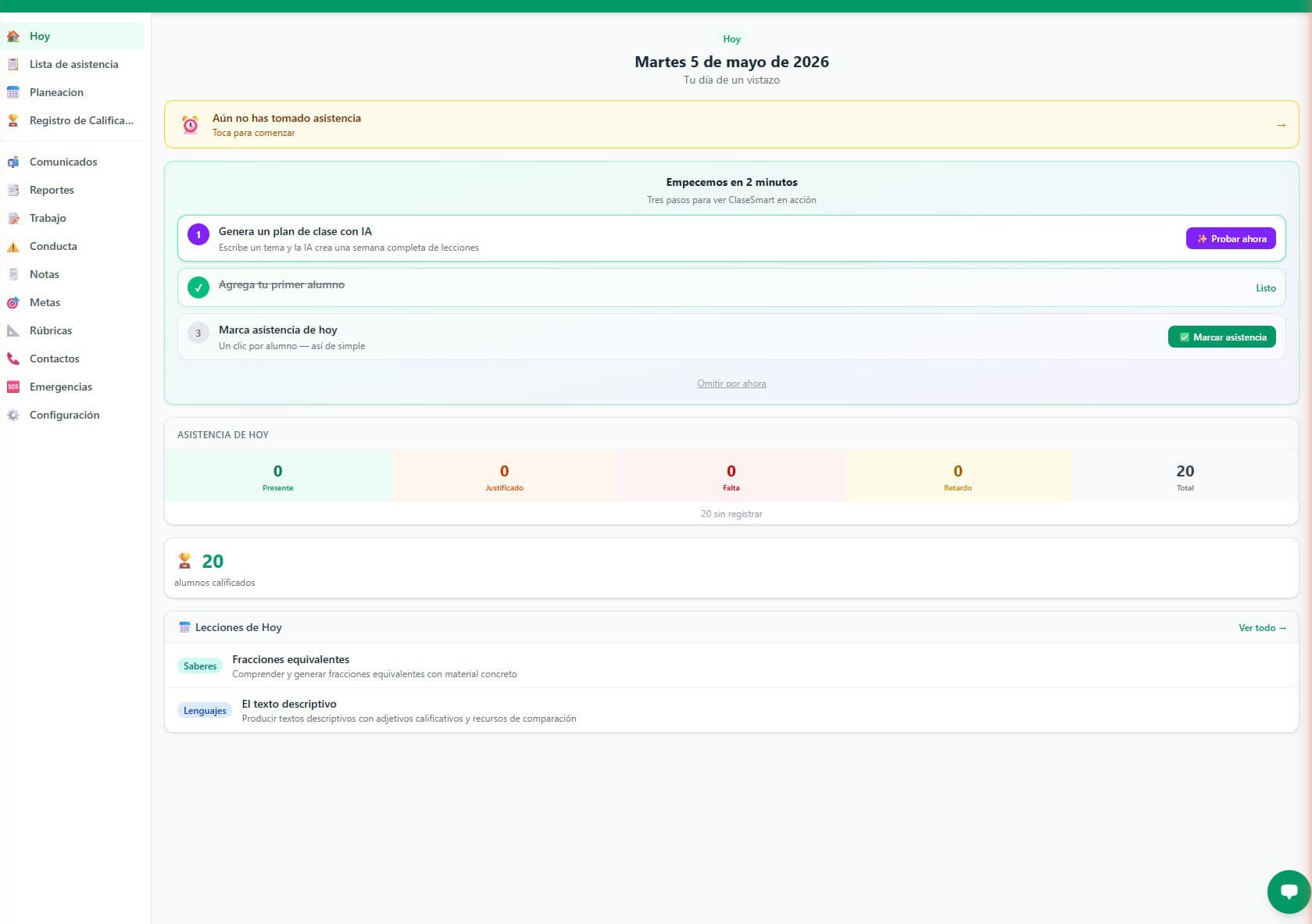 Panel del maestro de ClaseSmart con lecciones del día y asistencia